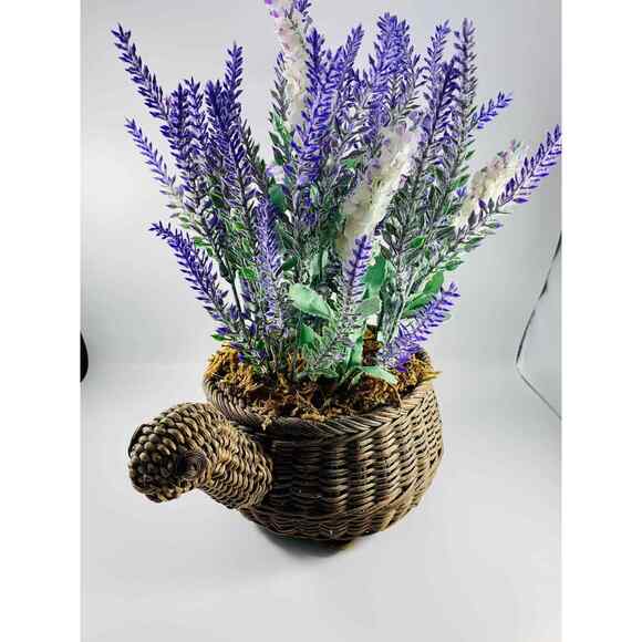 Vintage Upcycled Turtle Basket with Faux Lavender And White Faux Greenery Picks - Picture 1 of 4
